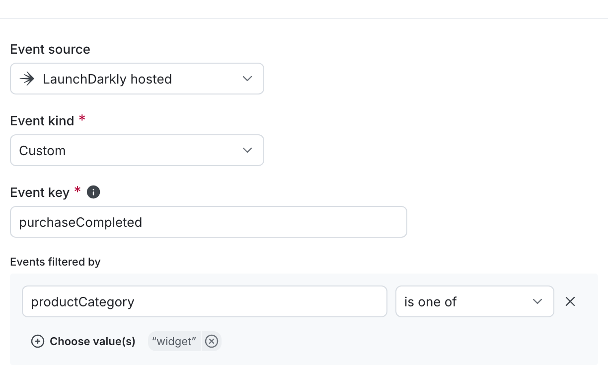 A metric definition that includes only events where the productCategory event property is set to widget.