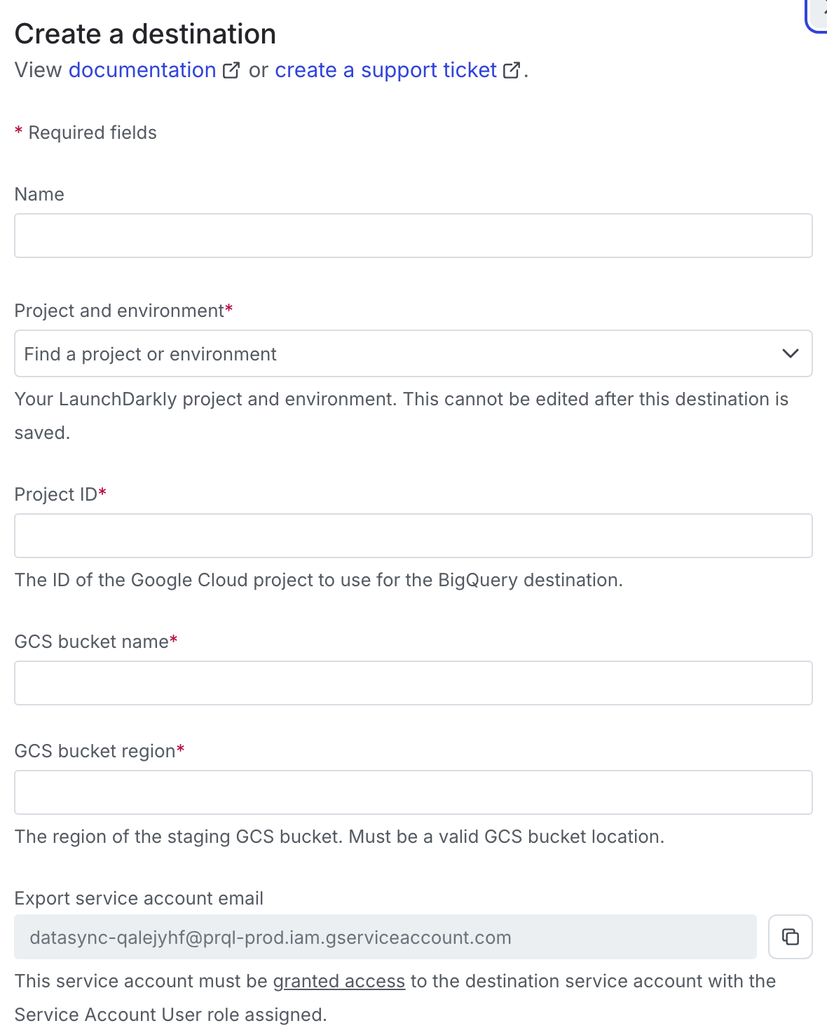 The BigQuery destination panel in LaunchDarkly, displaying the "Export service account email" field.