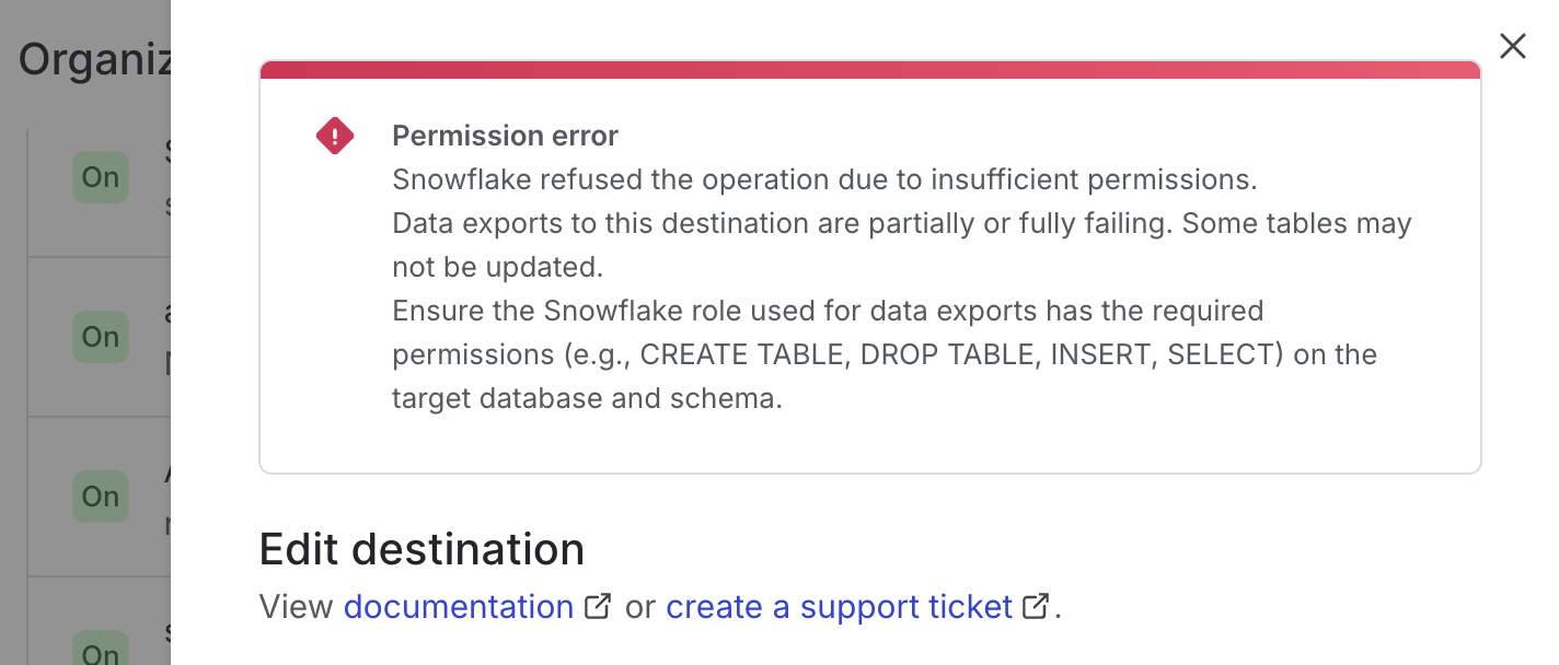 A permission error warning at the top of an integration configuration panel.