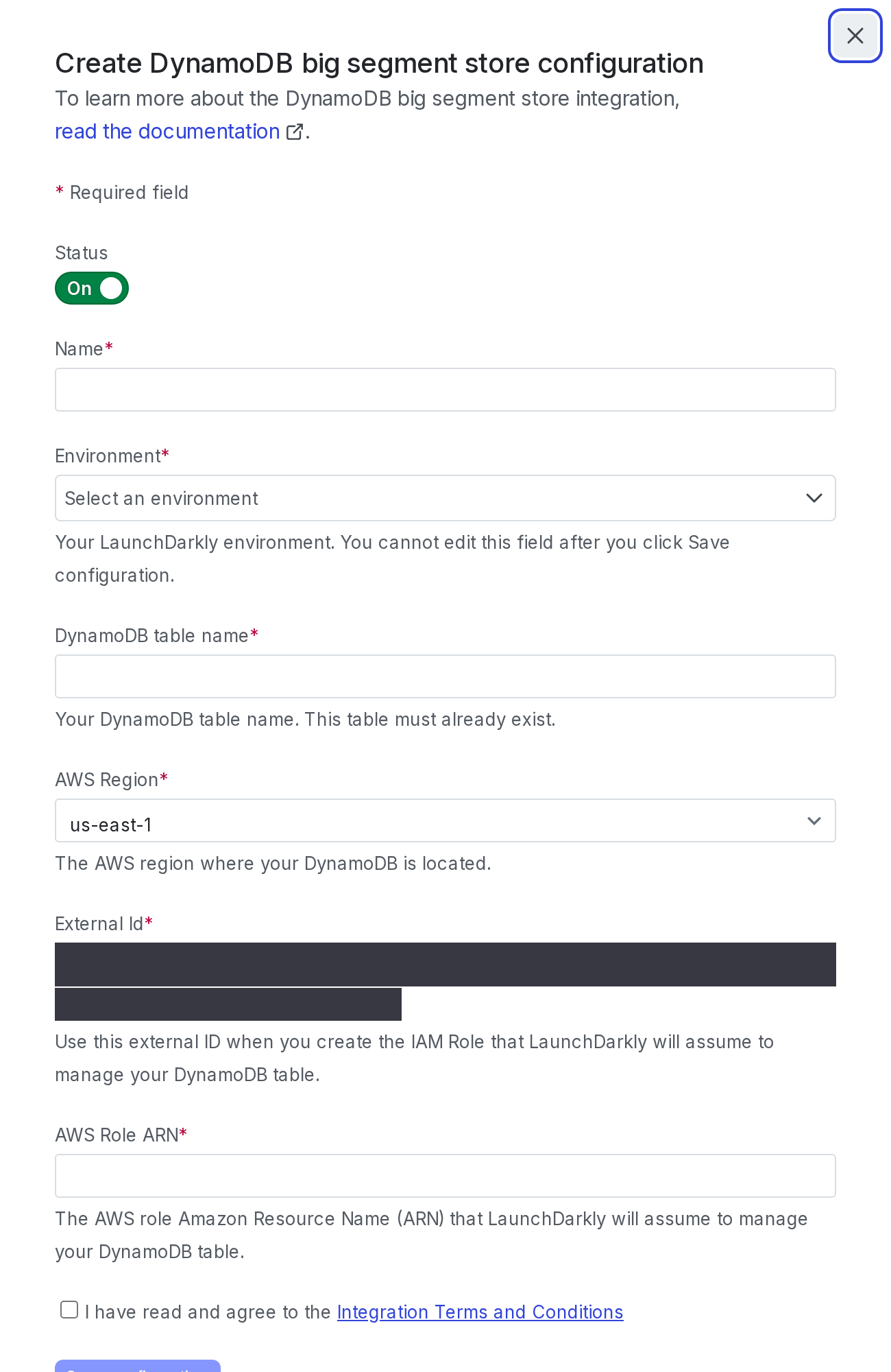The "Create configuration" panel for a DynamoDB integration.