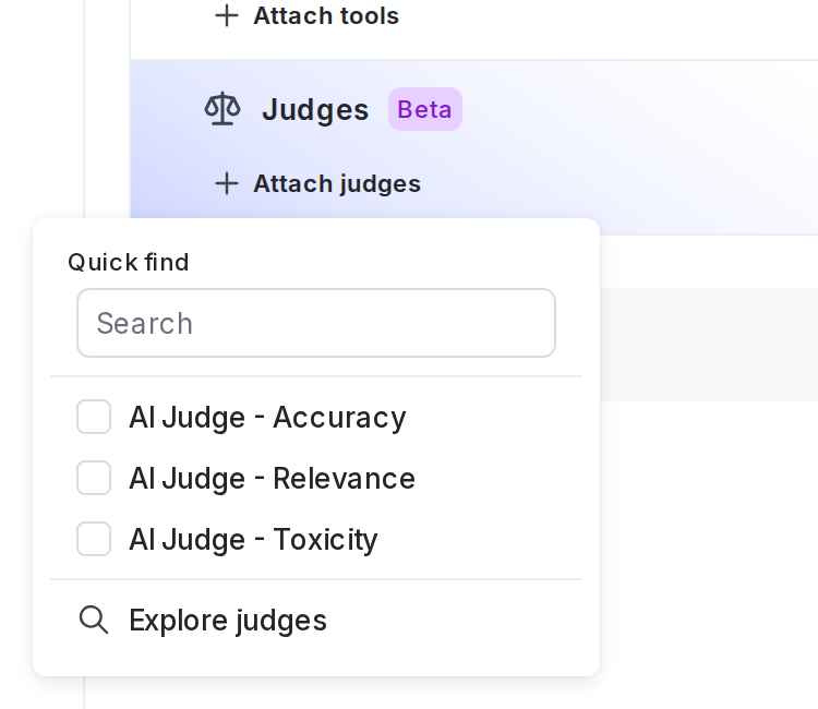 The "Attach judges" panel for a AI Config variation.