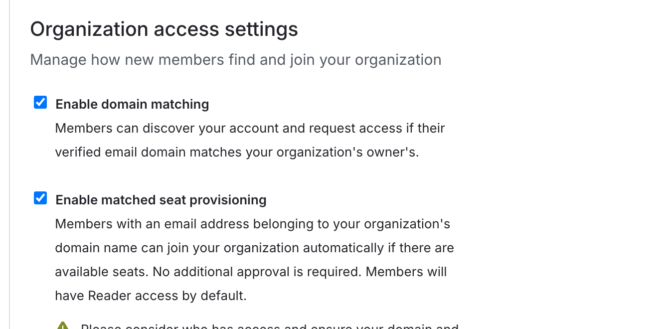 Organization access settings with matched seat provisioning enabled.