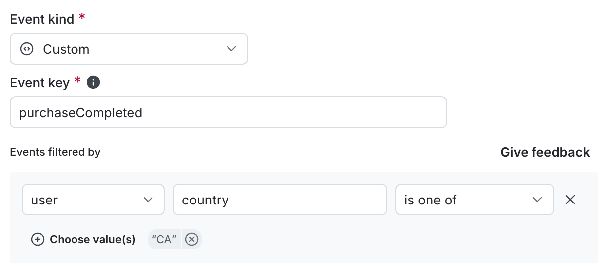A metric definition that includes only events from the user context kind where the country attribute is set to CA.
