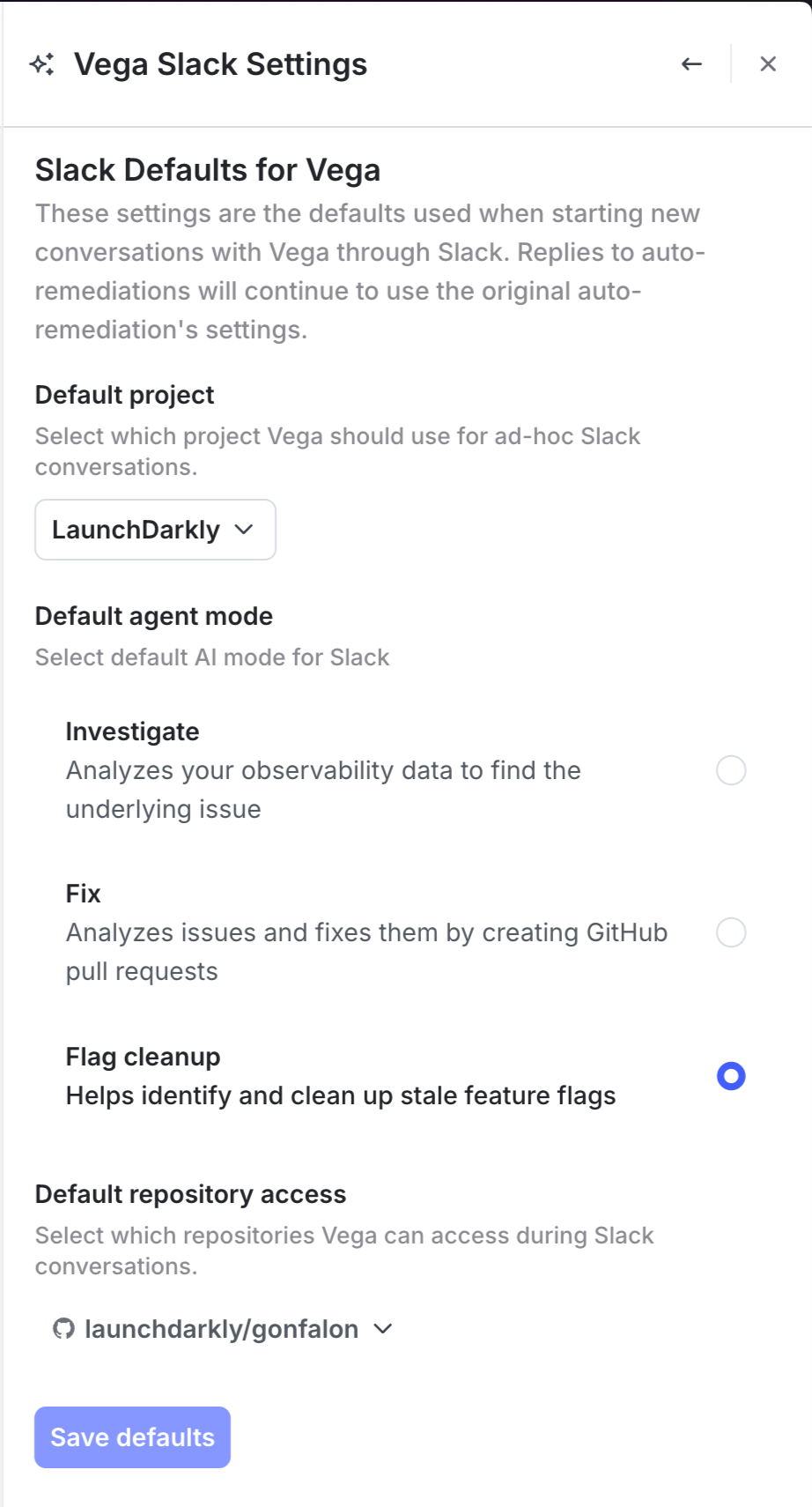 The Vega Slack Settings panel, where you can configure your default project, agent mode, and repository access.