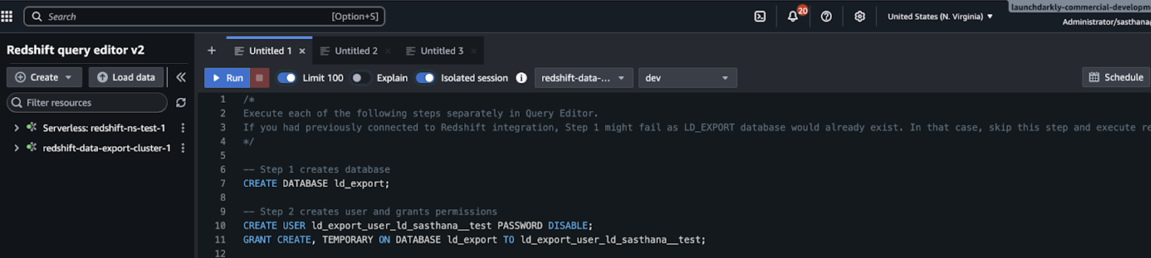 A SQL script in Redshift Query Editor v2.