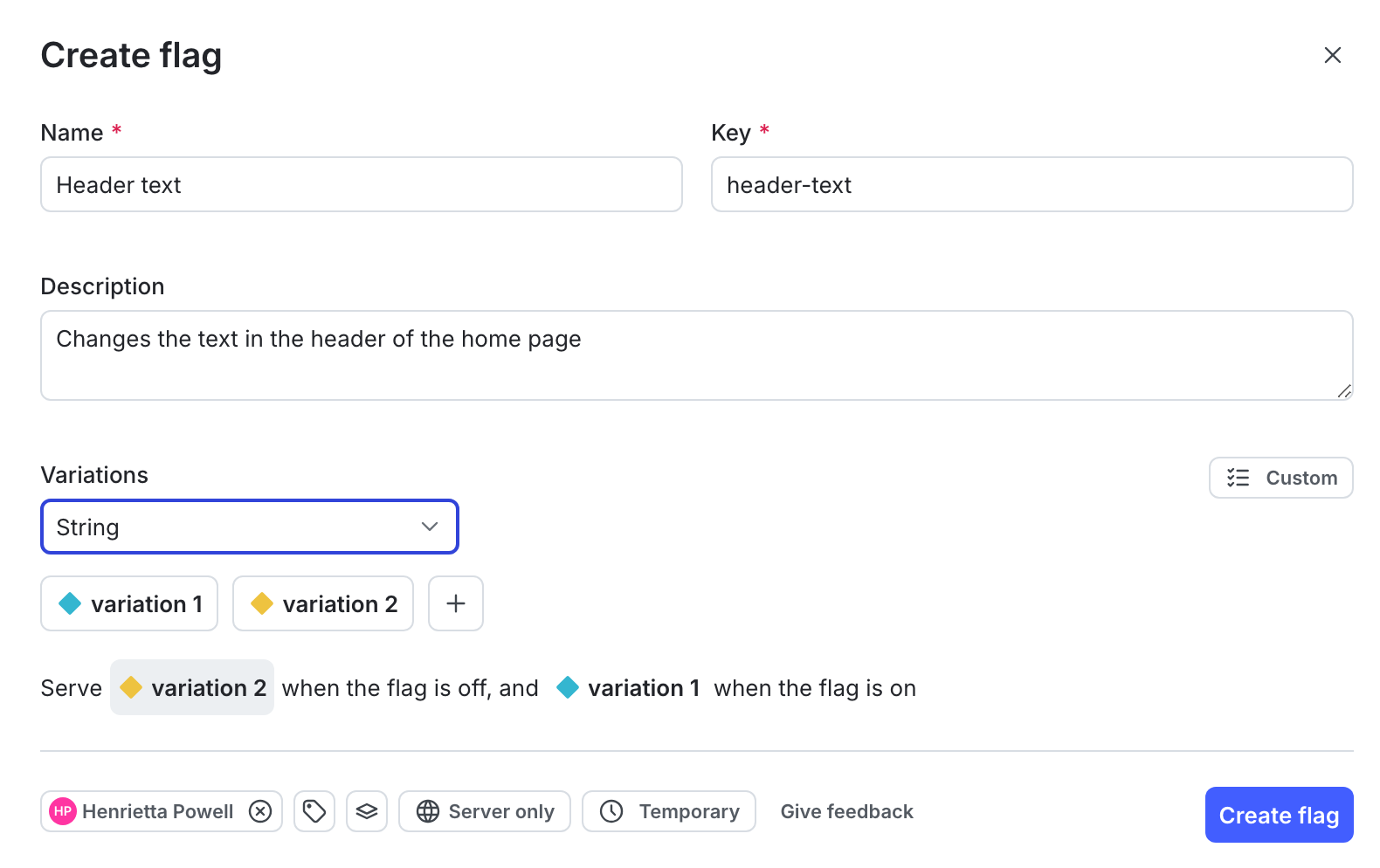 The "Create a feature flag" panel with string flag options chosen.