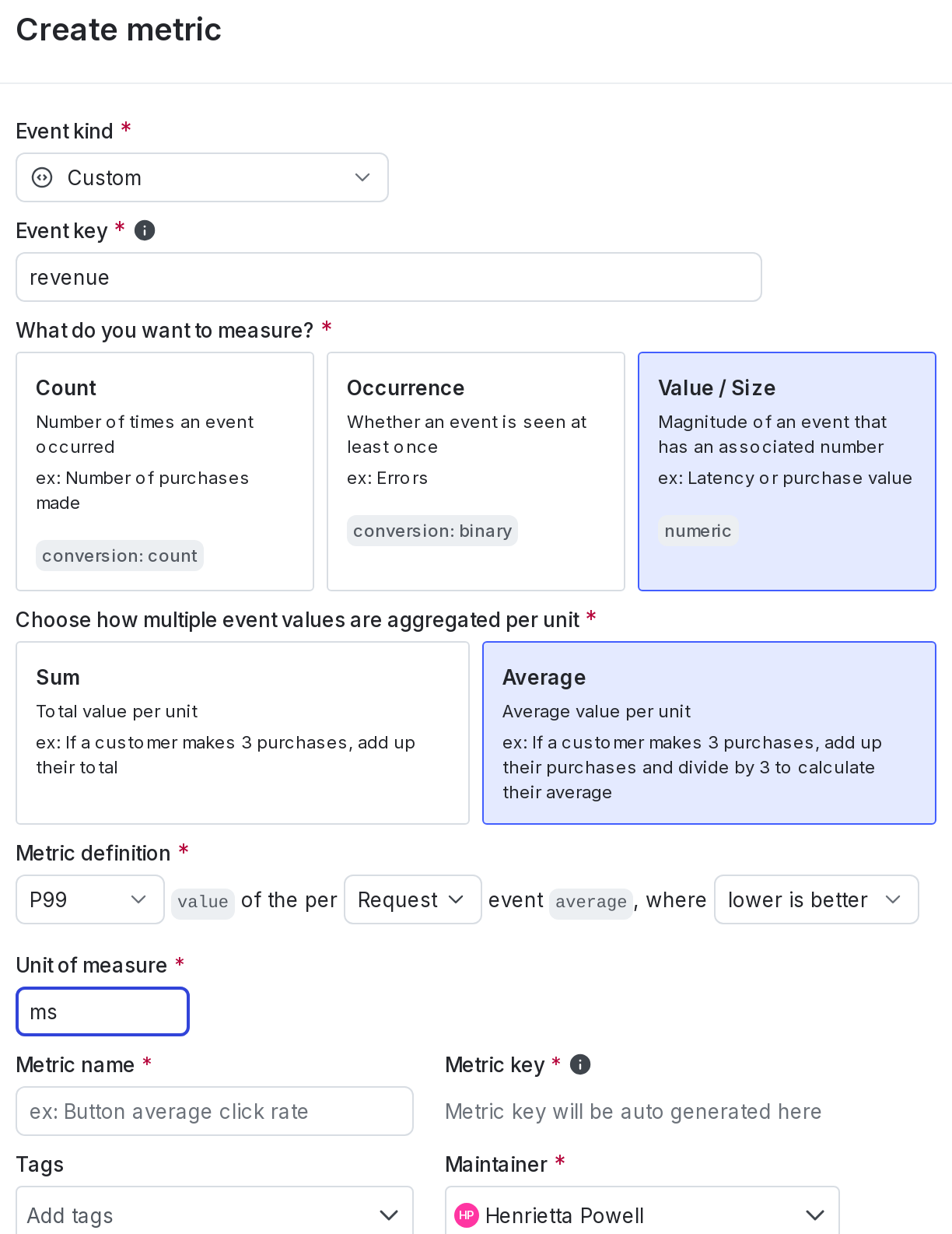 The metric creation dialog.