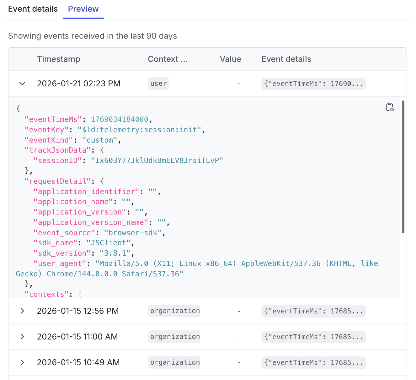 The Preview tab showing details of a selected event.