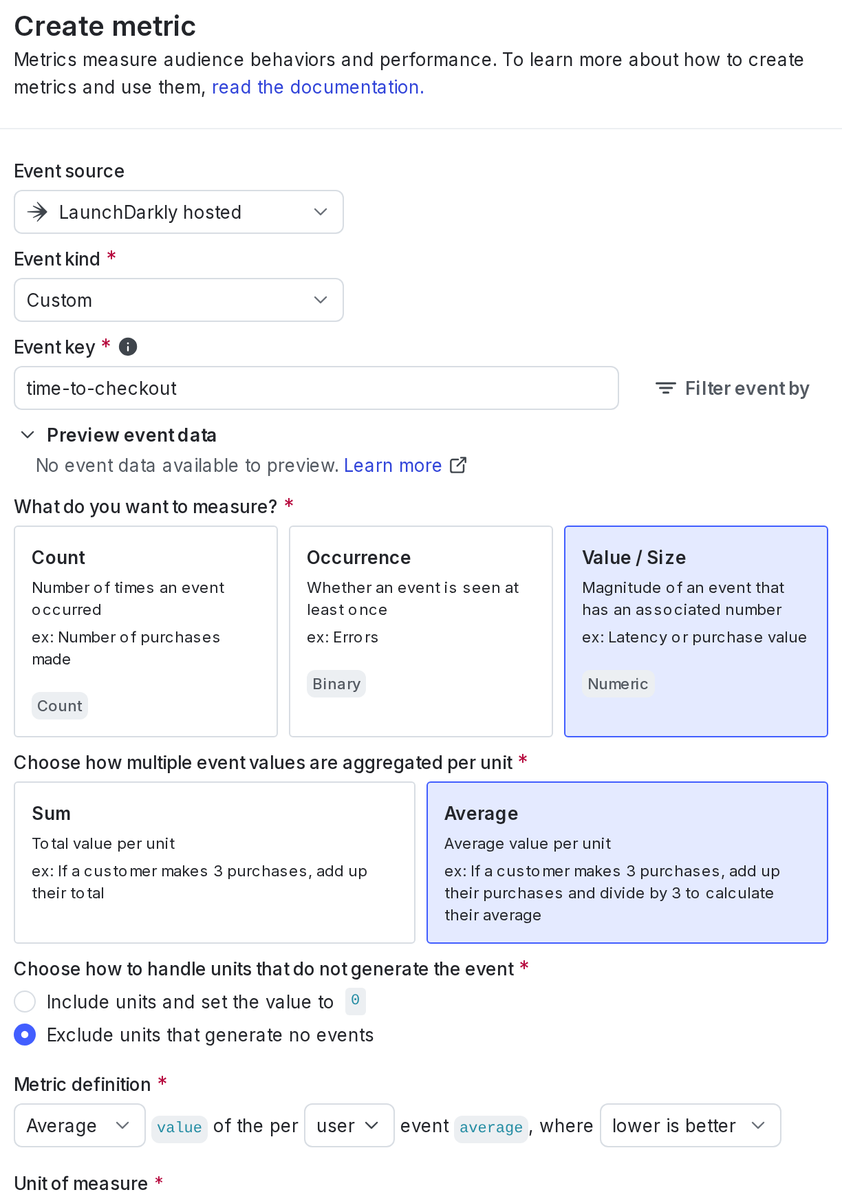 The "Metric definition" section for a custom numeric metric.