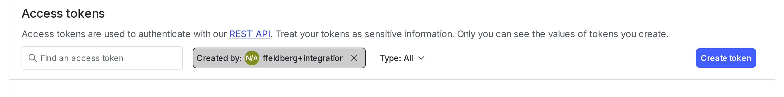 The Access tokens section of the Authorization tab.
