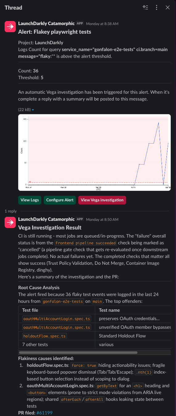 A Slack thread showing a Vega auto-remediation follow-up posted in response to an alert, with root cause analysis and a linked pull request.