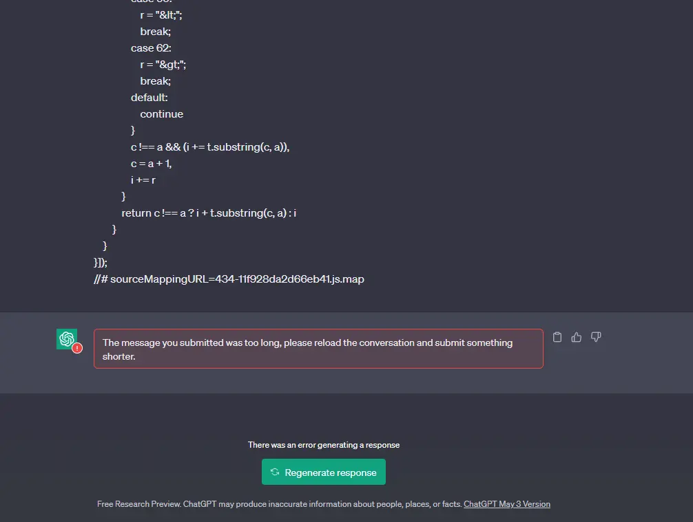 ChatGPT failing to decompile a long obfuscated code snippet.