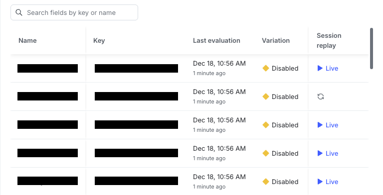Each row in the audience table shows context details, the last evaluation date, the variation served, and a session replay link.
