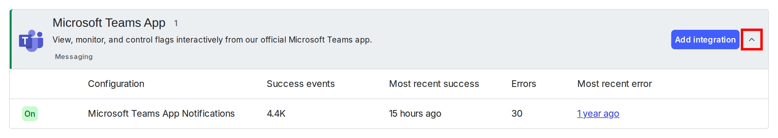 The status table for Microsoft Teams integration connections with the expand arrow called out.