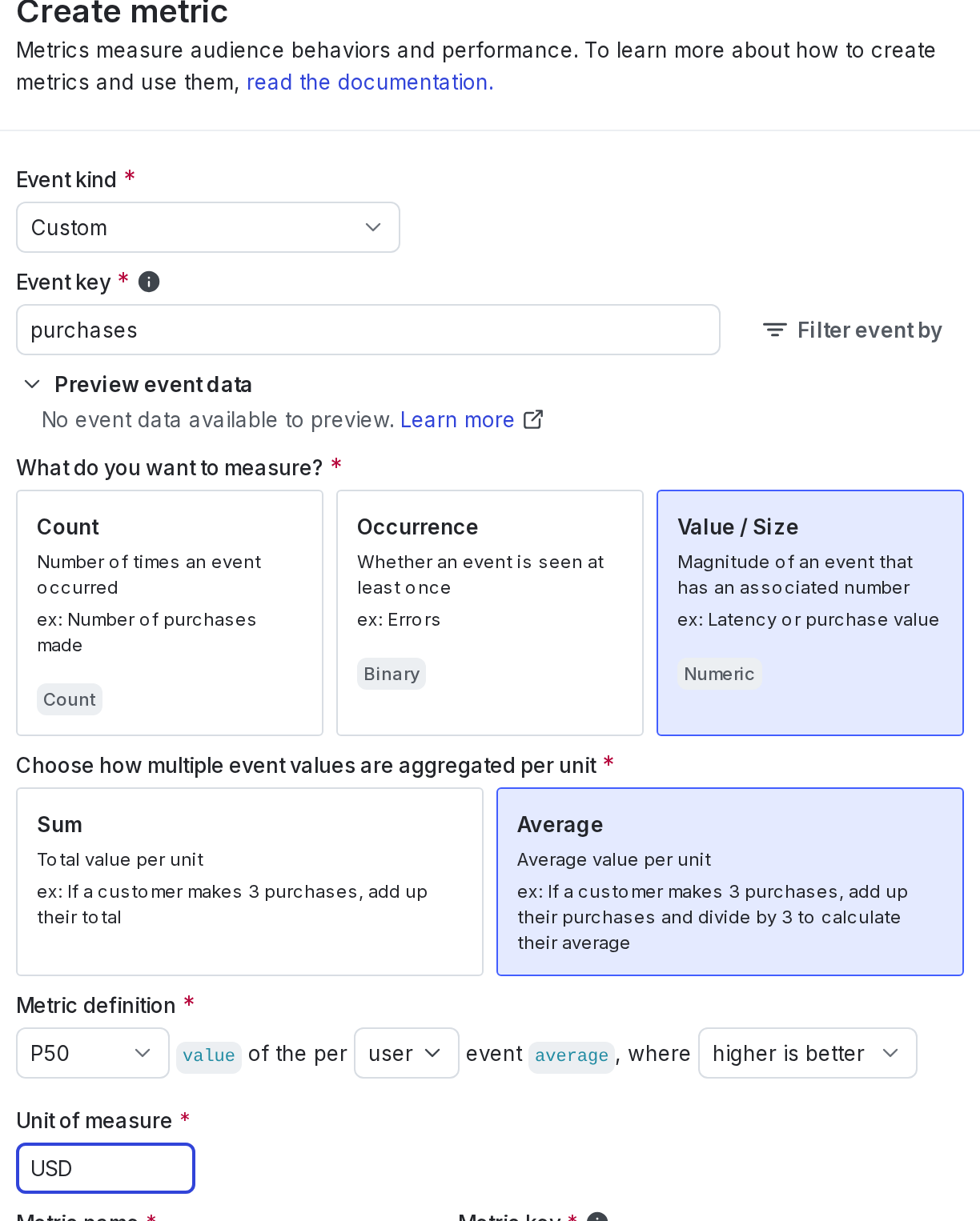 The metric creation dialog.