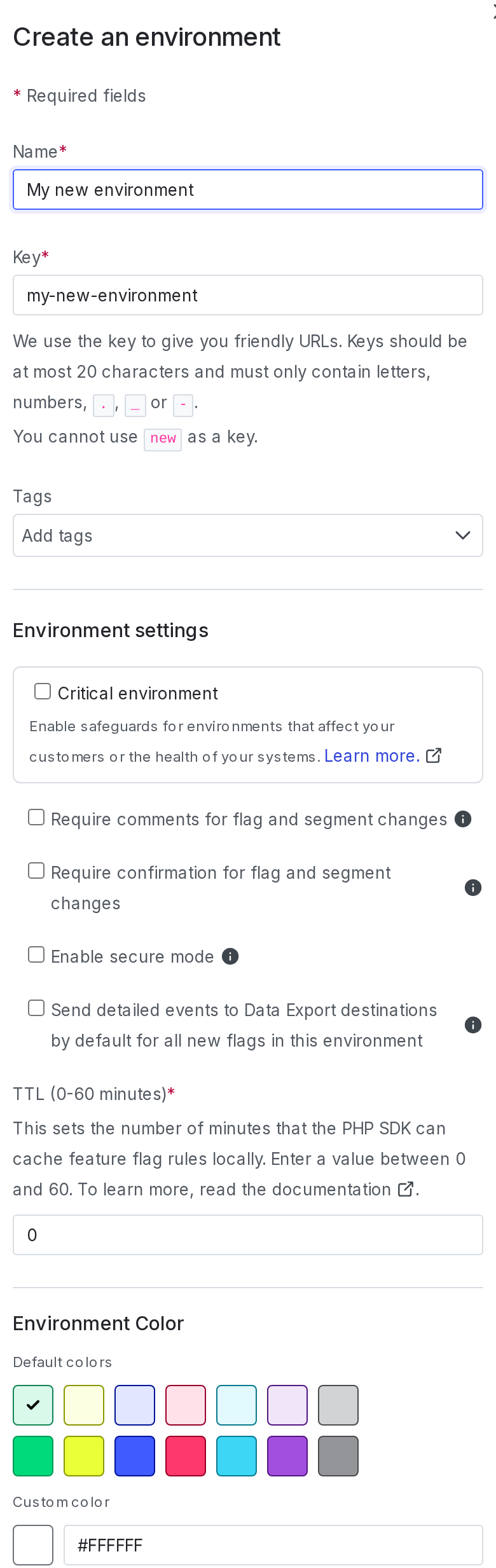 The "Create an environment" panel.