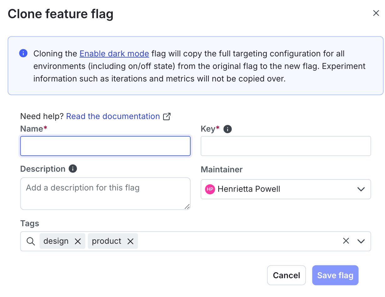 The "Clone feature flag" dialog.