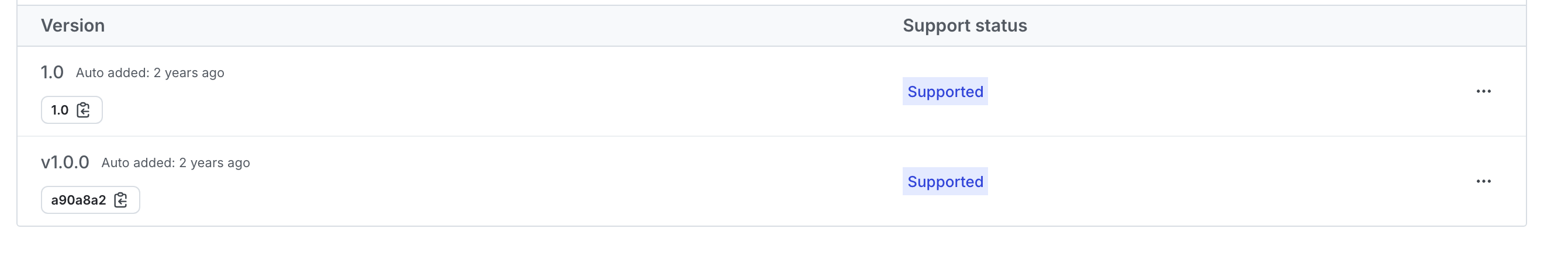 The "Versions" page for an application.