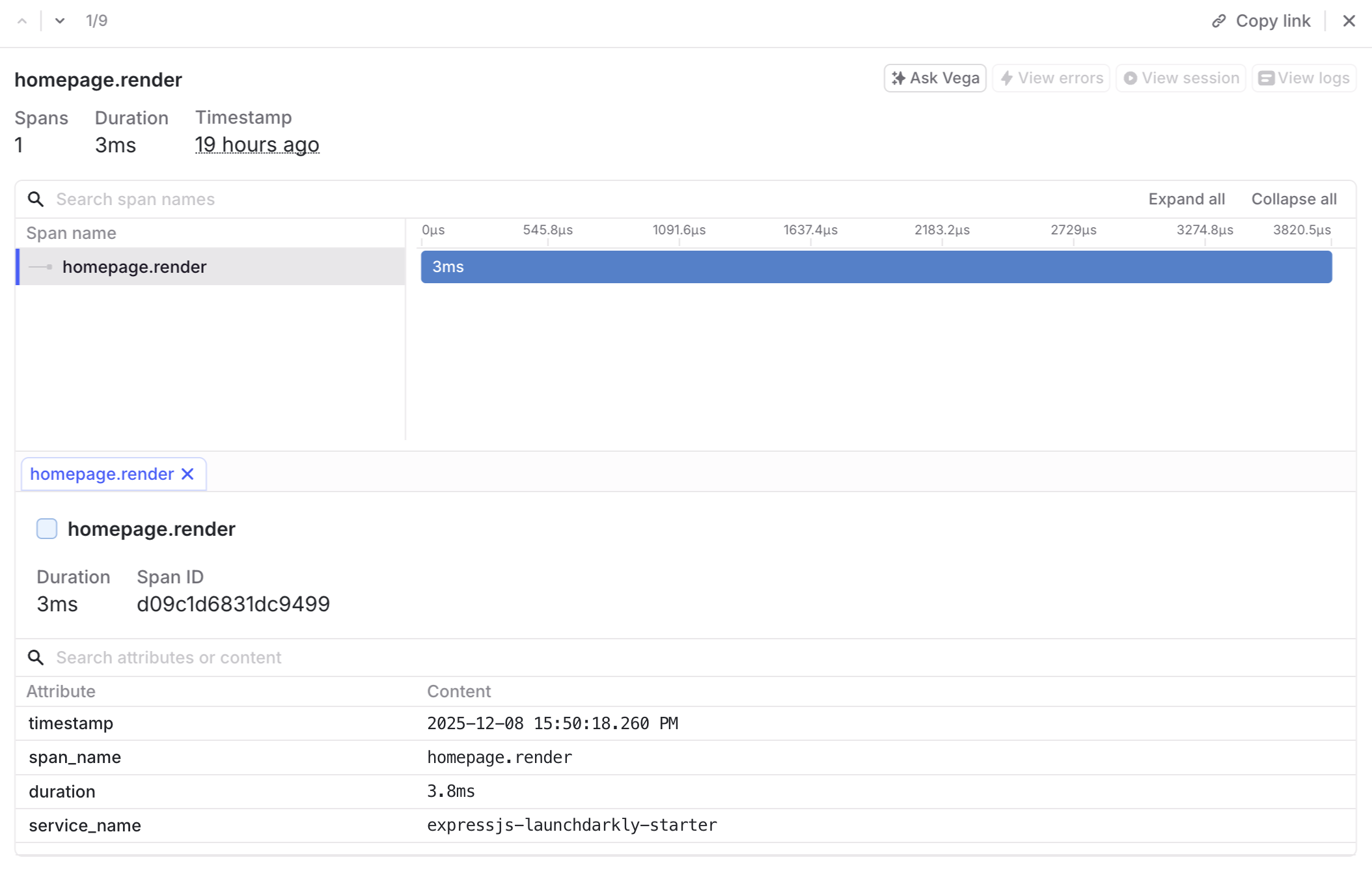 A trace from 19 hours ago that took 3.8 milliseconds, has 1 span titled homepage.render, and a service named expressjs-launchdarkly-starter.