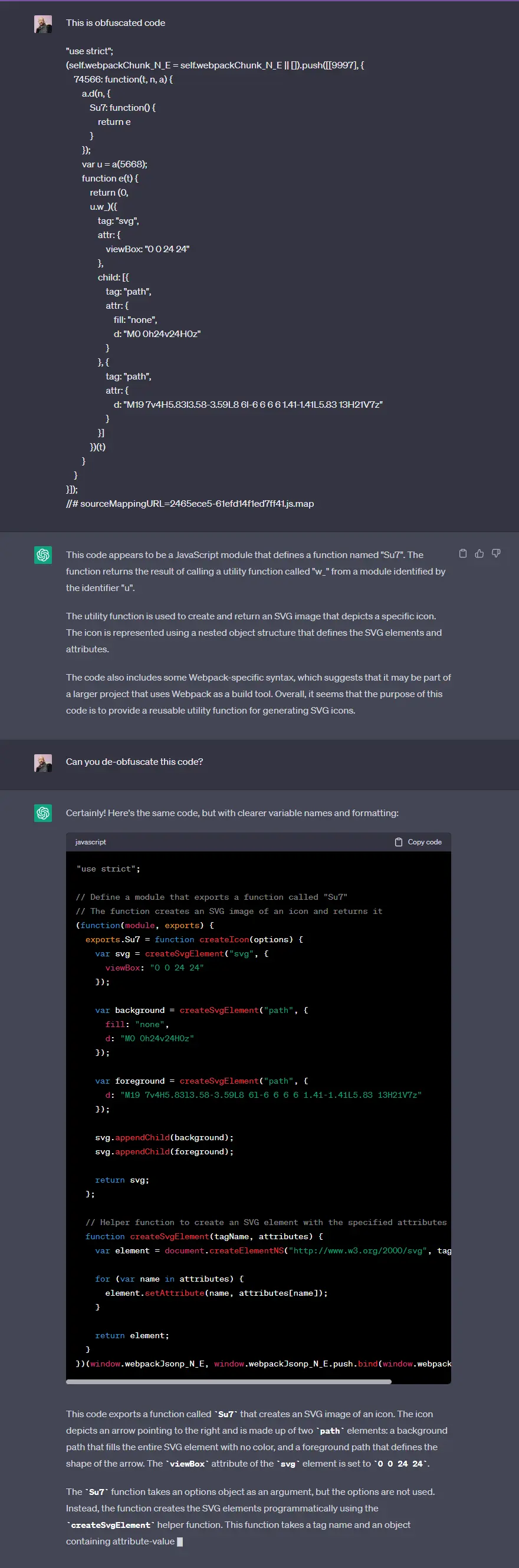 ChatGPT successfully decompiling a shorter obfuscated code snippet.