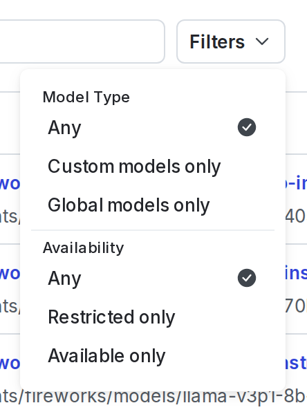 The "Filters" menu for the AI model configs list.