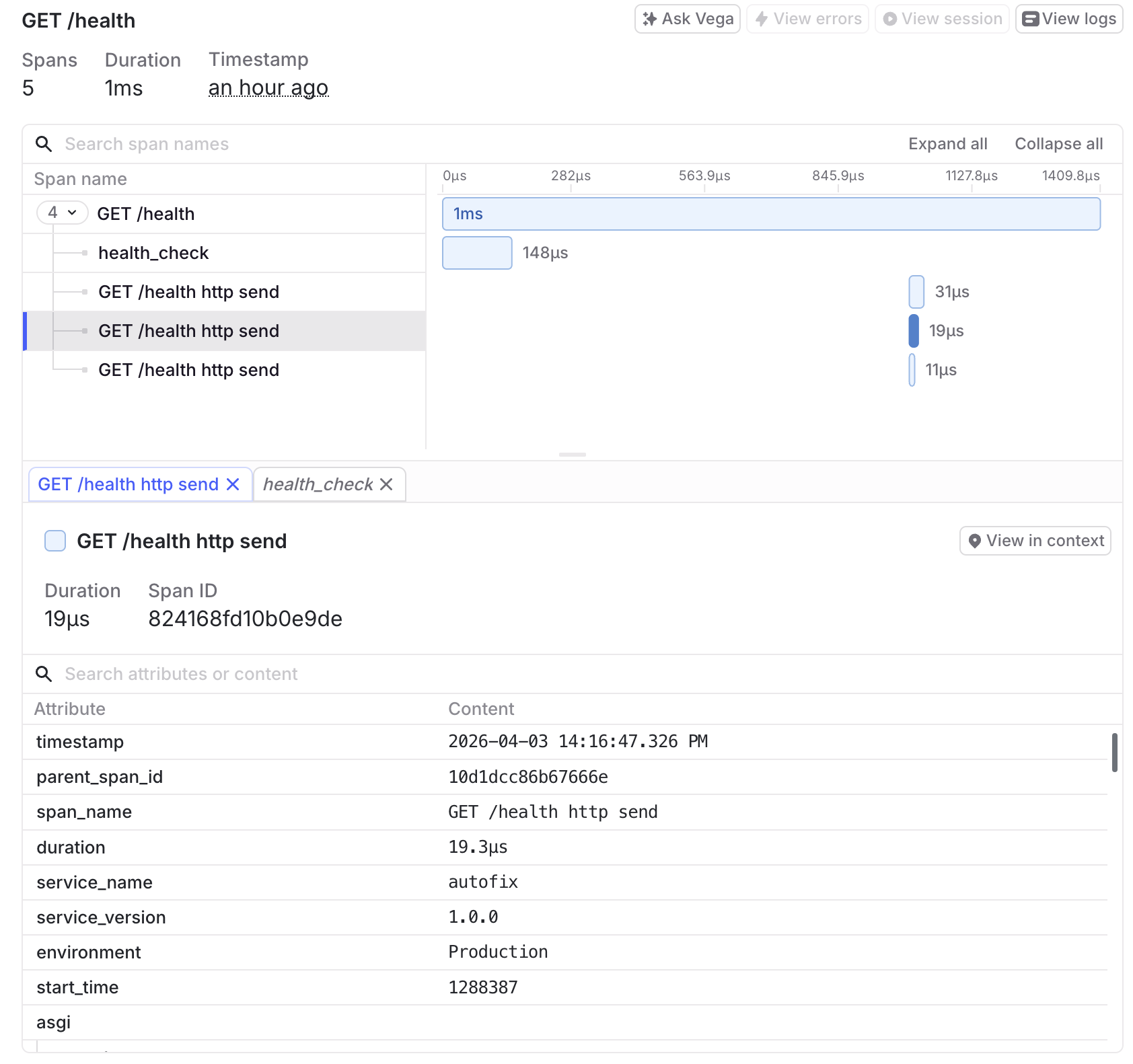 Viewing span details.