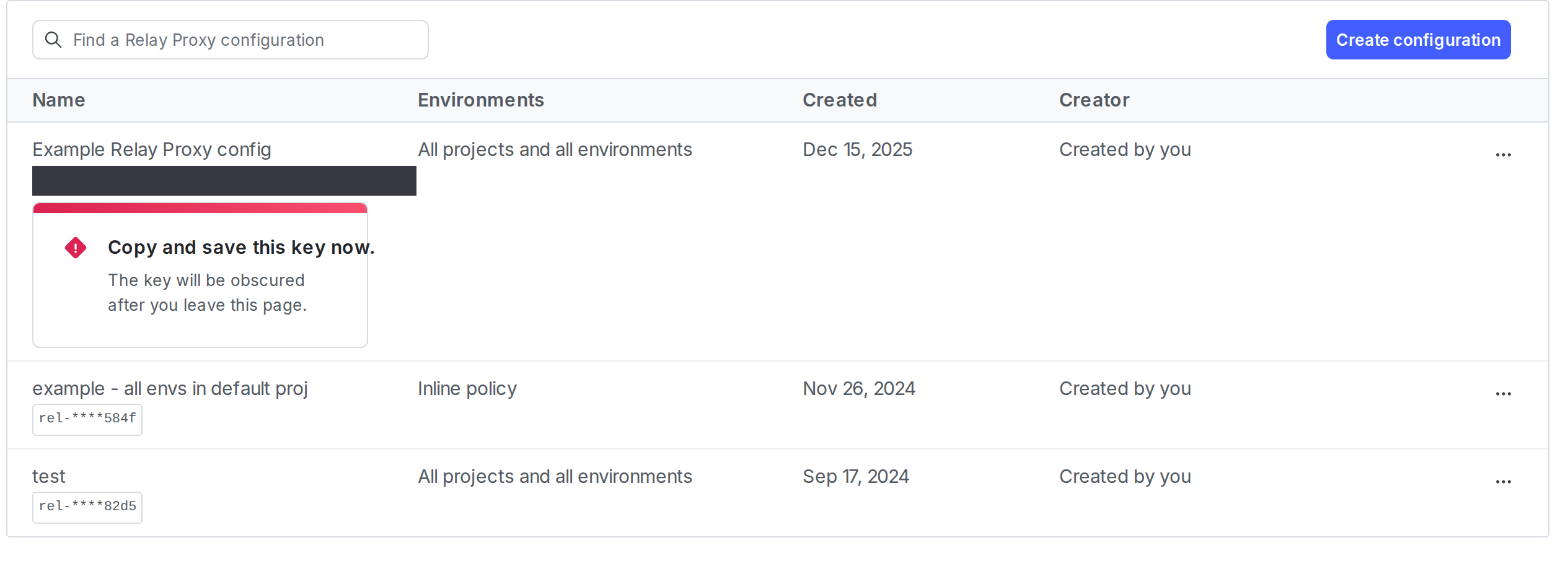 The "Relay proxy" page with a newly created Relay Proxy configuration. The key is displayed.