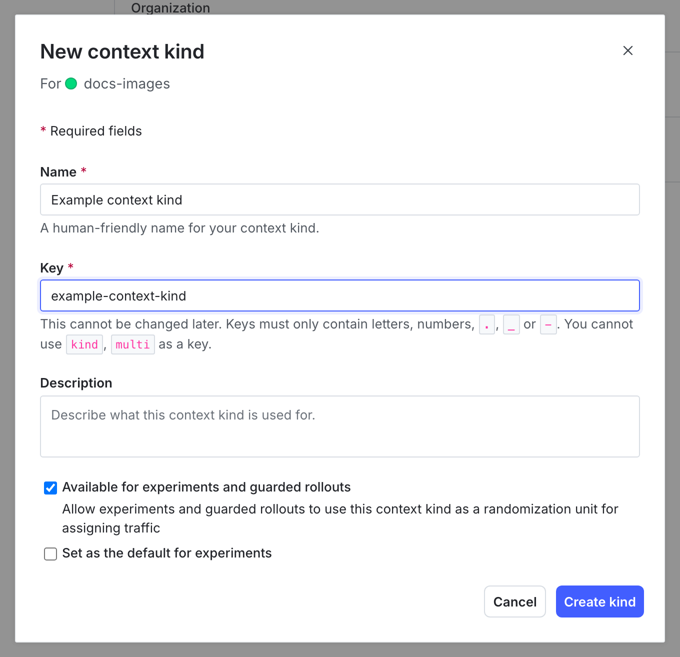 The "New context kind" dialog with the "Available for experiments and guarded rollouts" option checked.