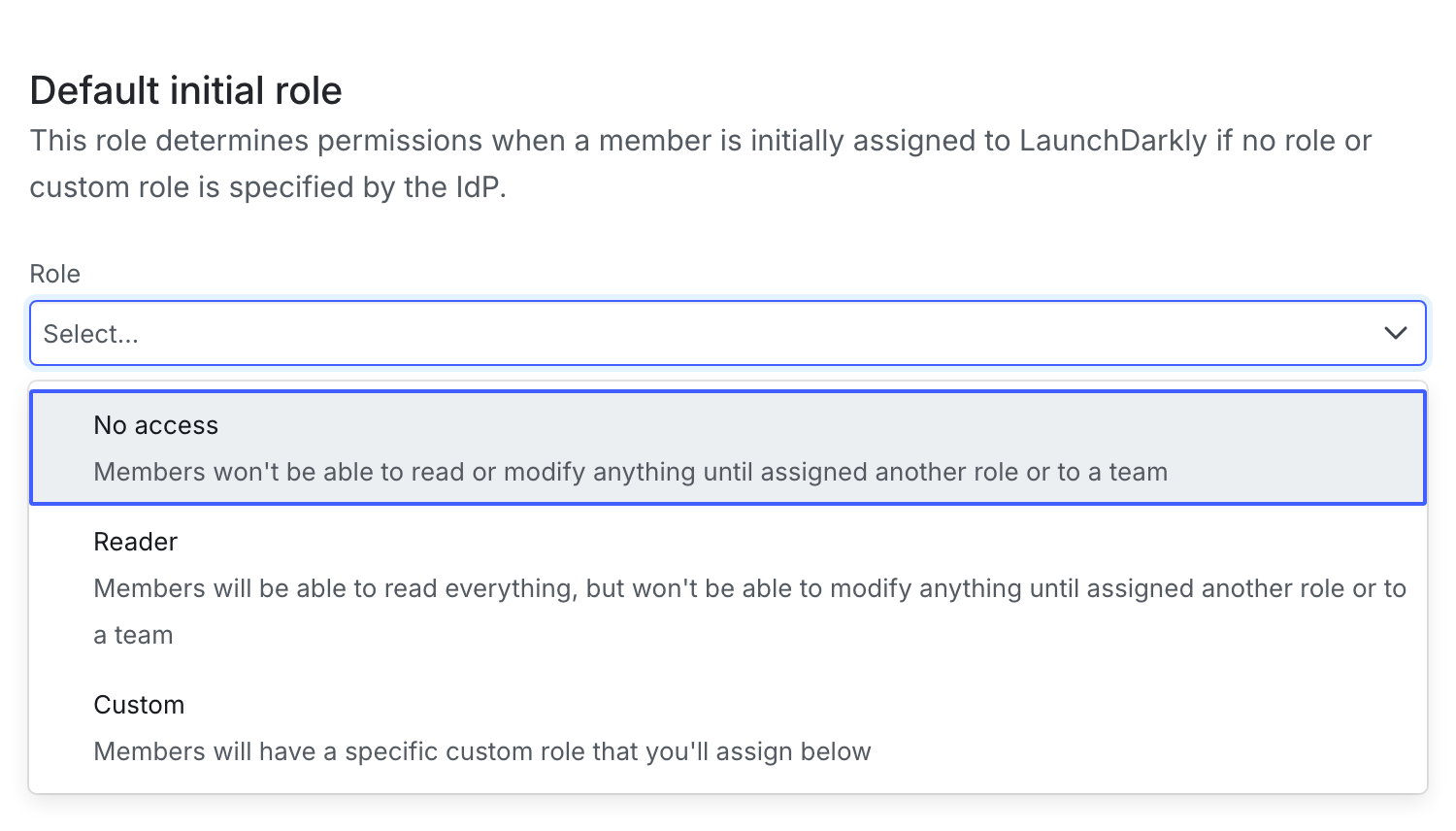 The "Default initial role" section of the SAML configuration panel.