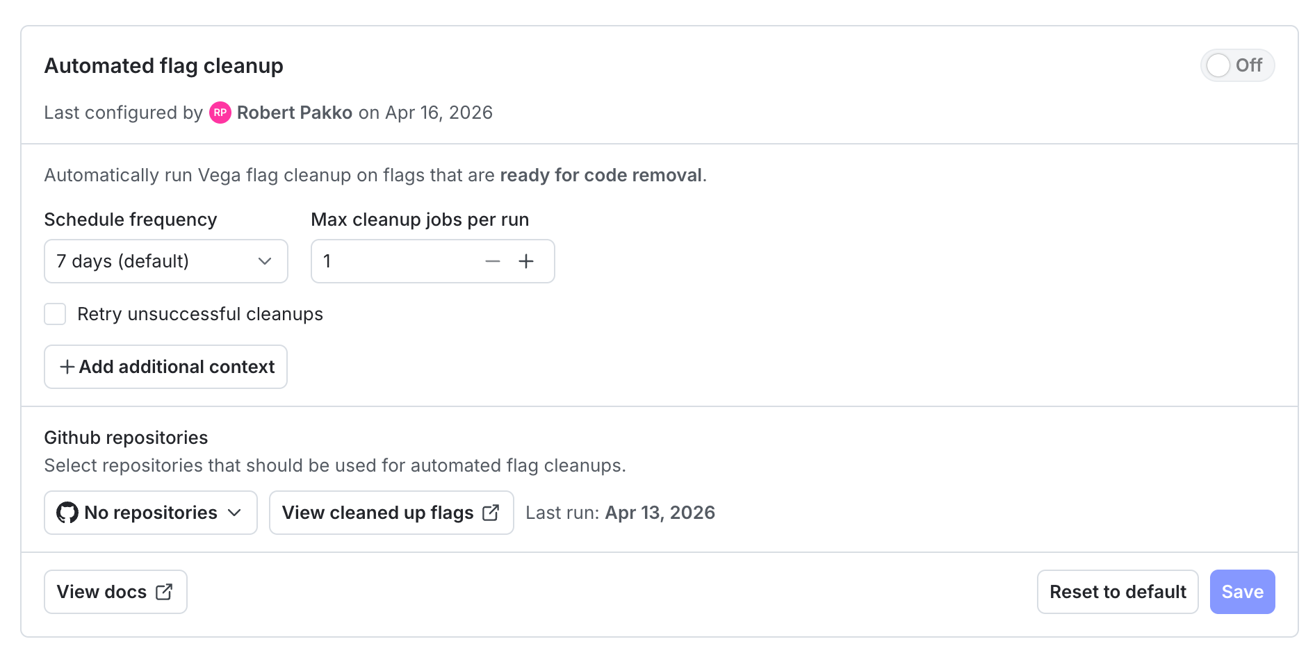The Automated flag cleanup settings card on the Lifecycle settings page.