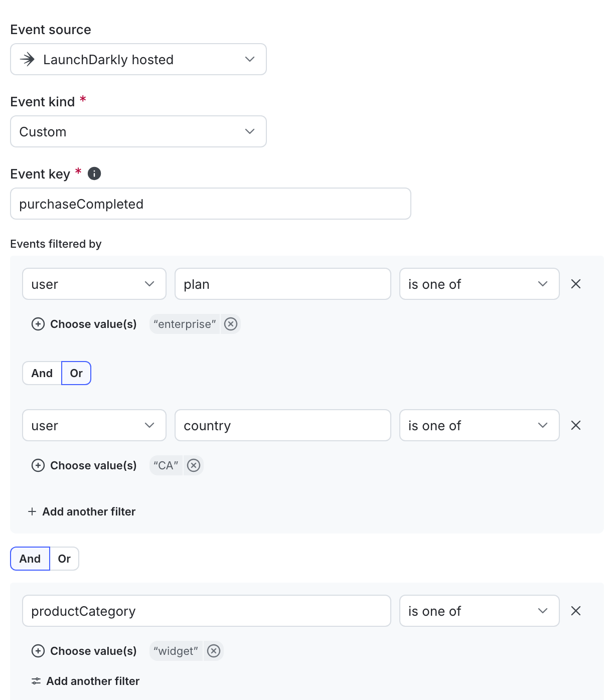 A metric definition that includes only events from contexts of kind user where the plan is enterprise or the country is CA, and the productCategory event property is widget.