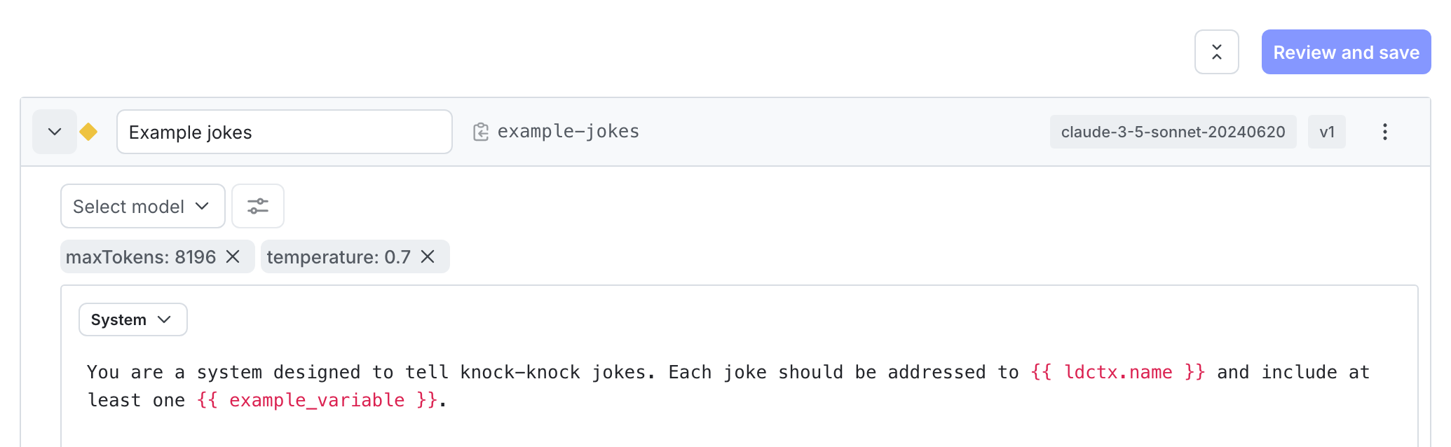 A completed variation with model configuration and system message.