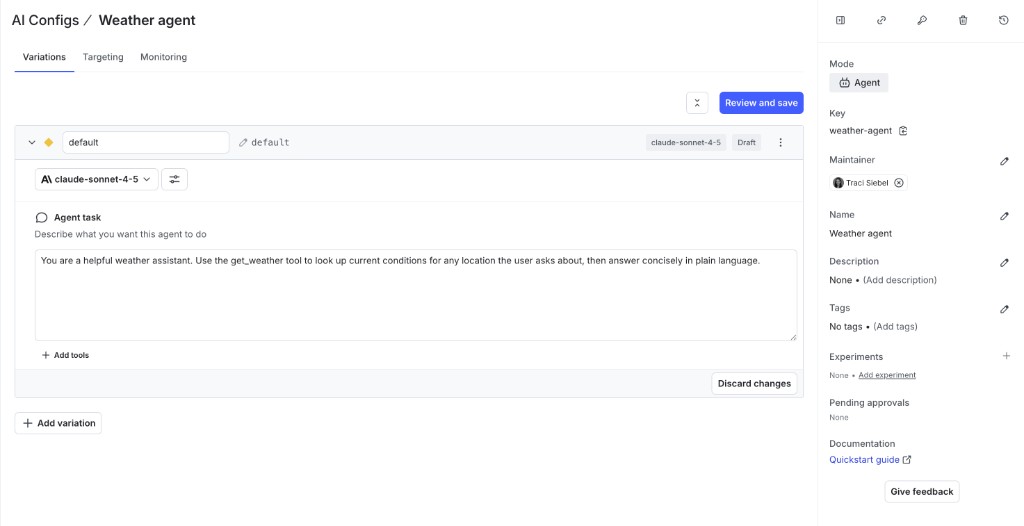 The Variations tab for an agent-based AI Config, showing a default variation with a model and agent task instructions.