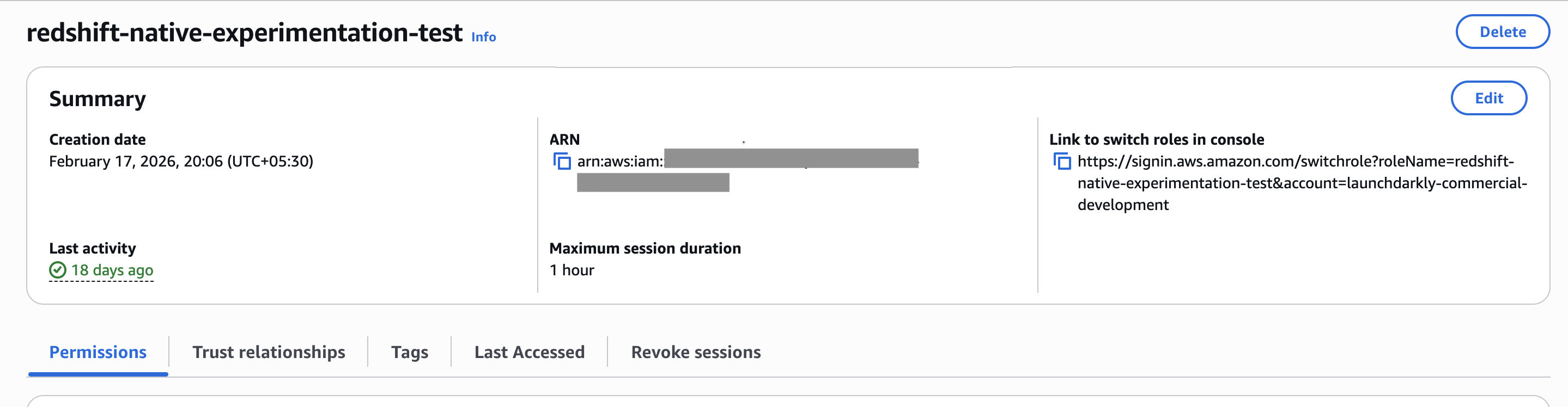 The role summary in AWS.