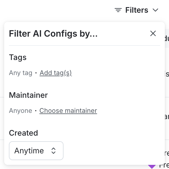 The filter menu for project-wide AI Configs attributes.