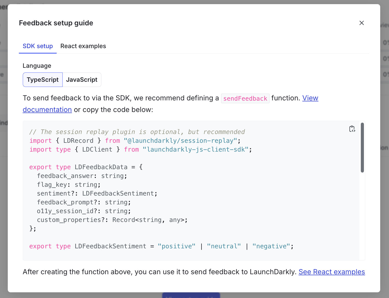 Screenshot of the feedback setup guide
SDK.