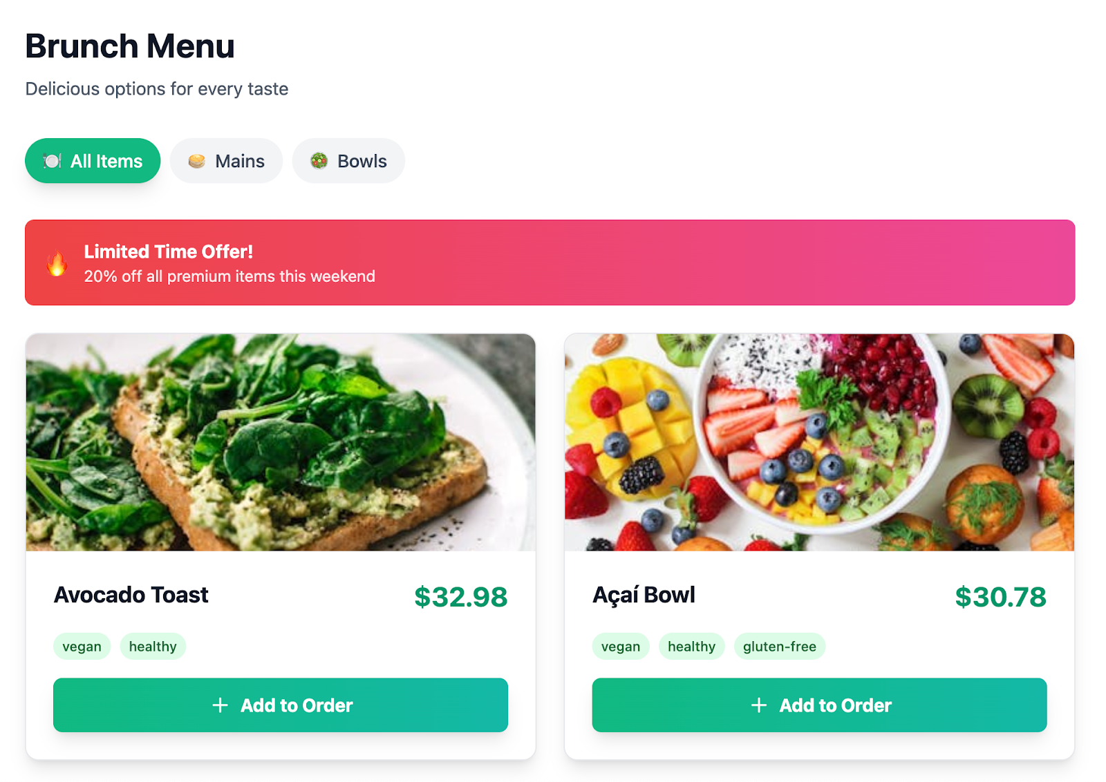 Screenshot of the menu section of BrunchDarkly. There are photos of a delicious-looking acai bowl (32.68) and Avocado Toast (32.98). I live in San Francisco. These prices seem about right TBH.