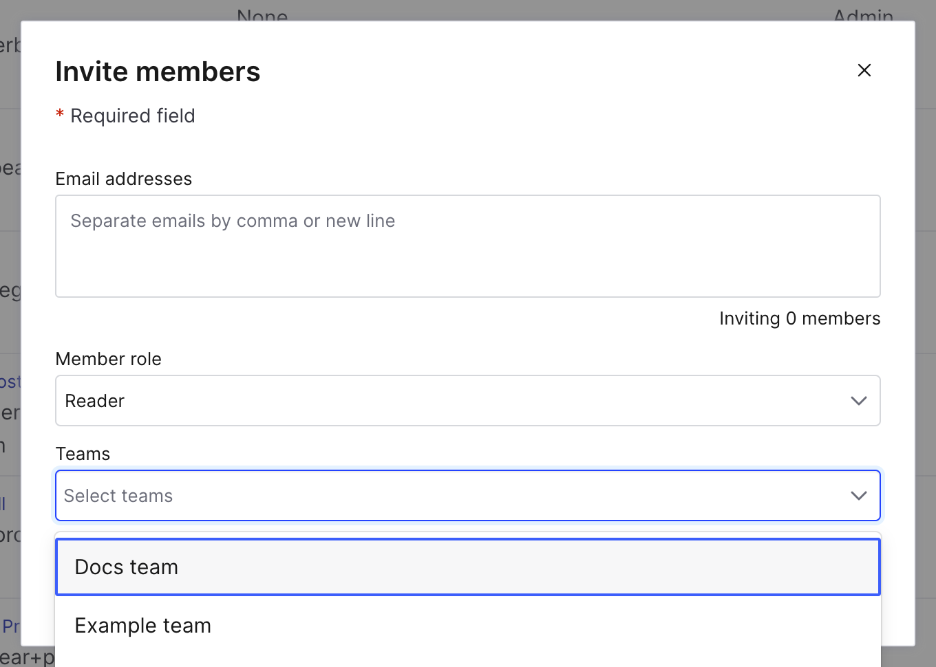 The "Invite members" dialog with the "Teams" menu open.