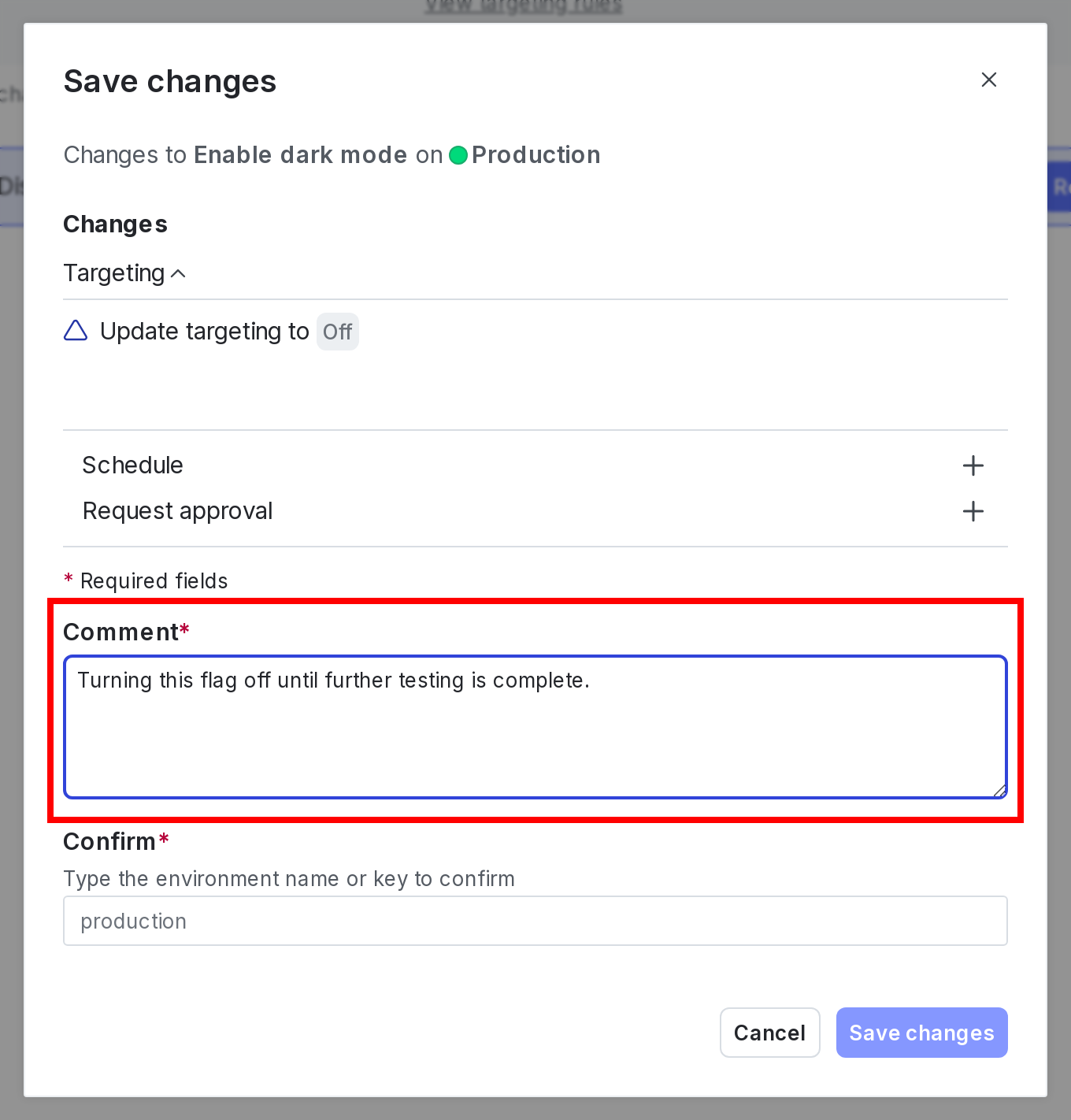 The "Save changes" dialog with the "Comment" field called out.