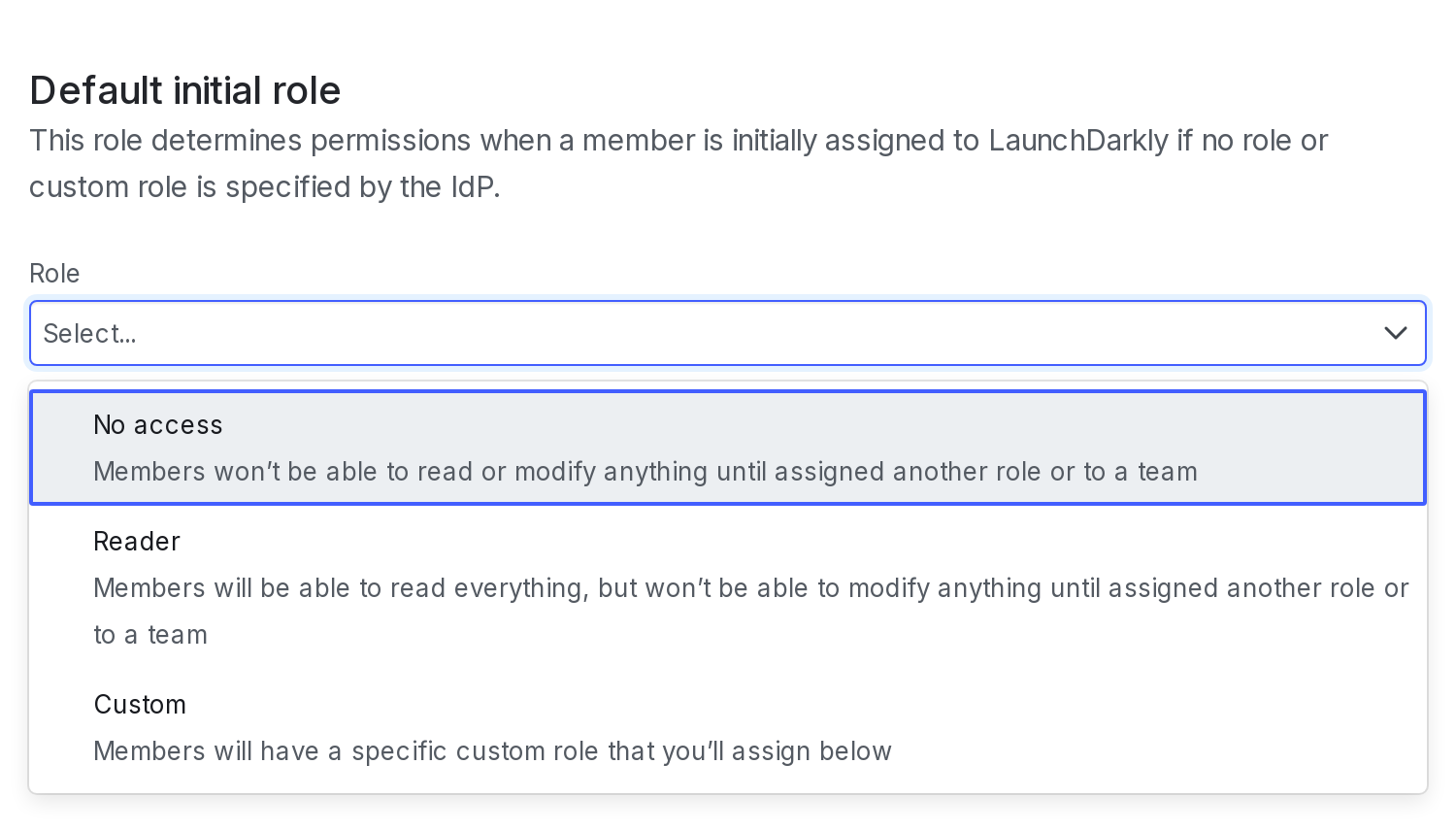 The "Default initial role" section of the SAML configuration panel.