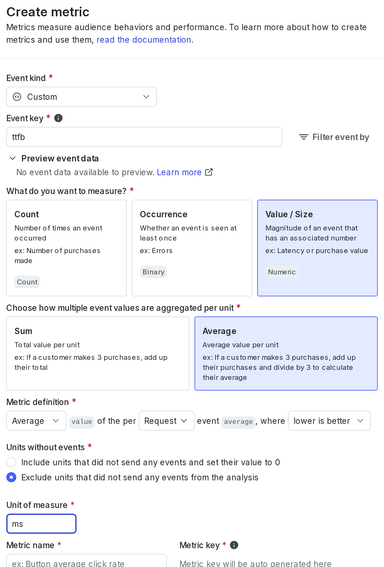 The "Create metric" dialog for a secondary custom numeric metric.