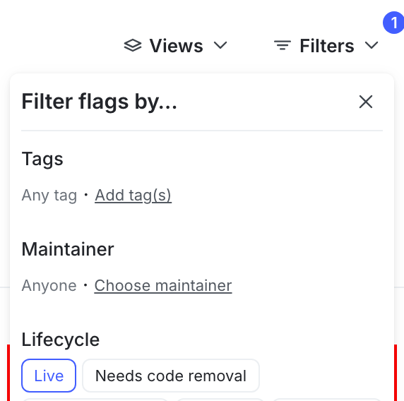 The Flags list Filters, with the lifecycle options shown.