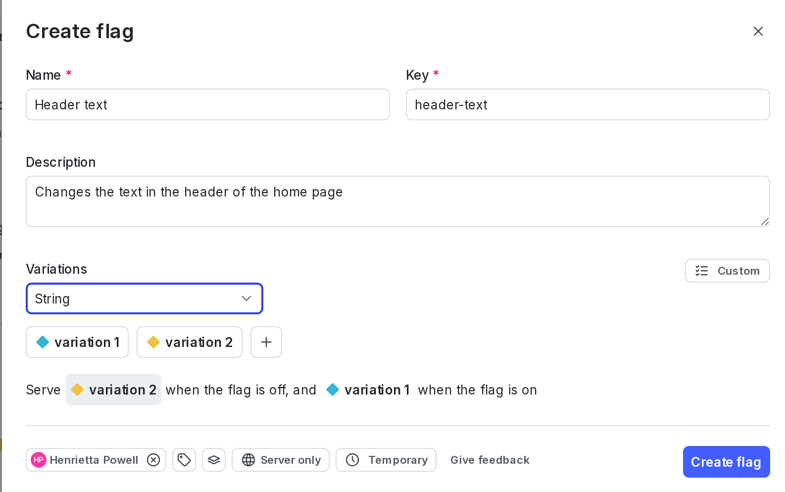The "Create a feature flag" panel with string flag options chosen.