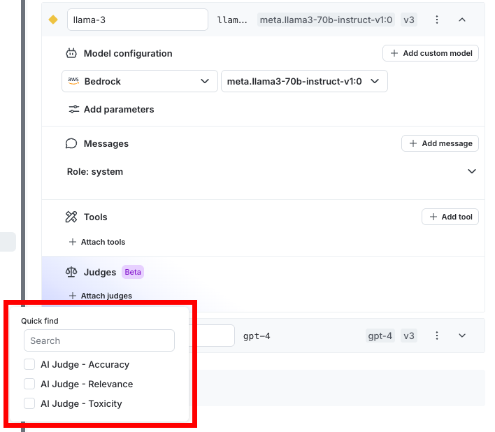 The "Attach judges" panel for a AI Config variation.