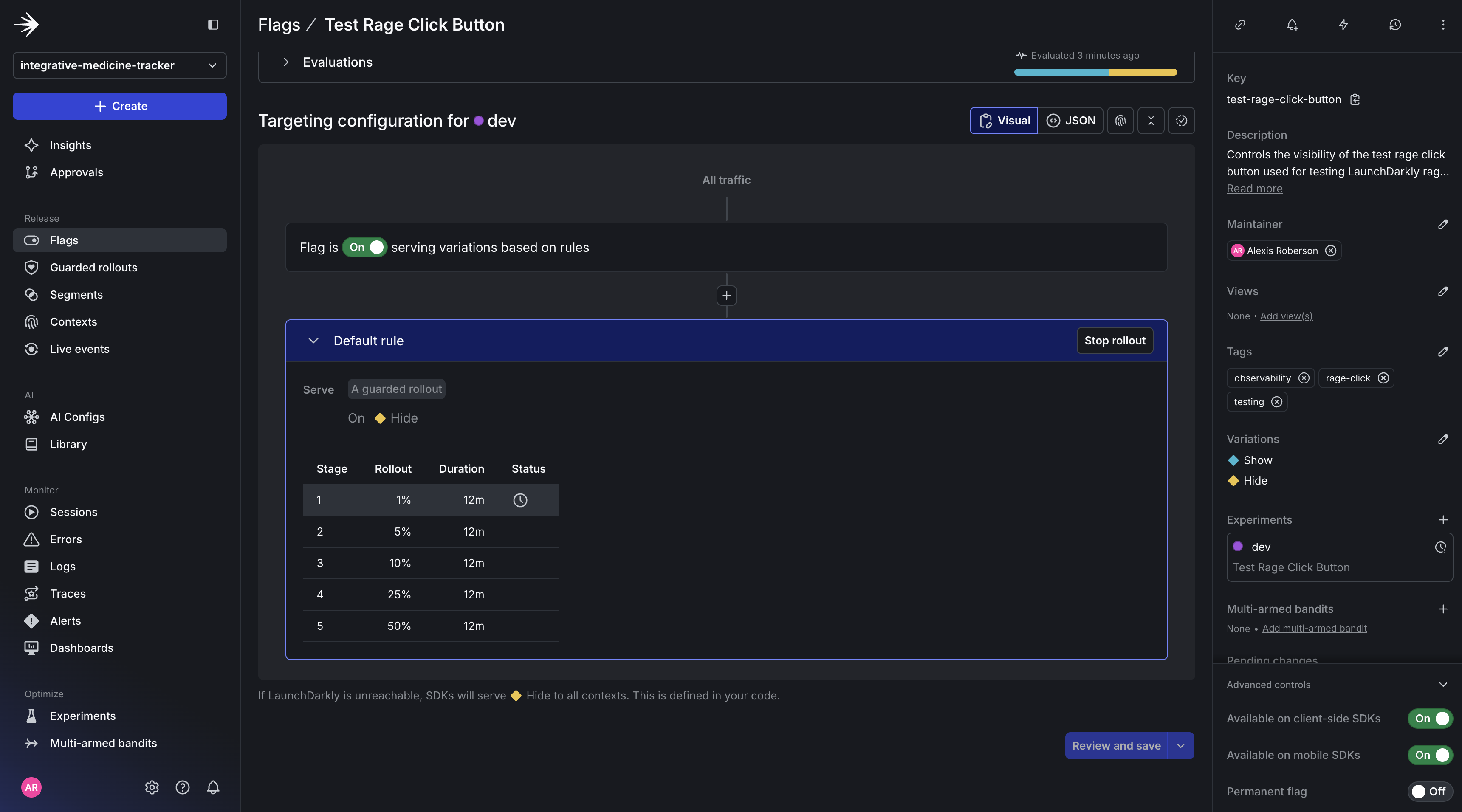 Image of fully setup Guarded rollout for Target Rage Click Button feature flag.