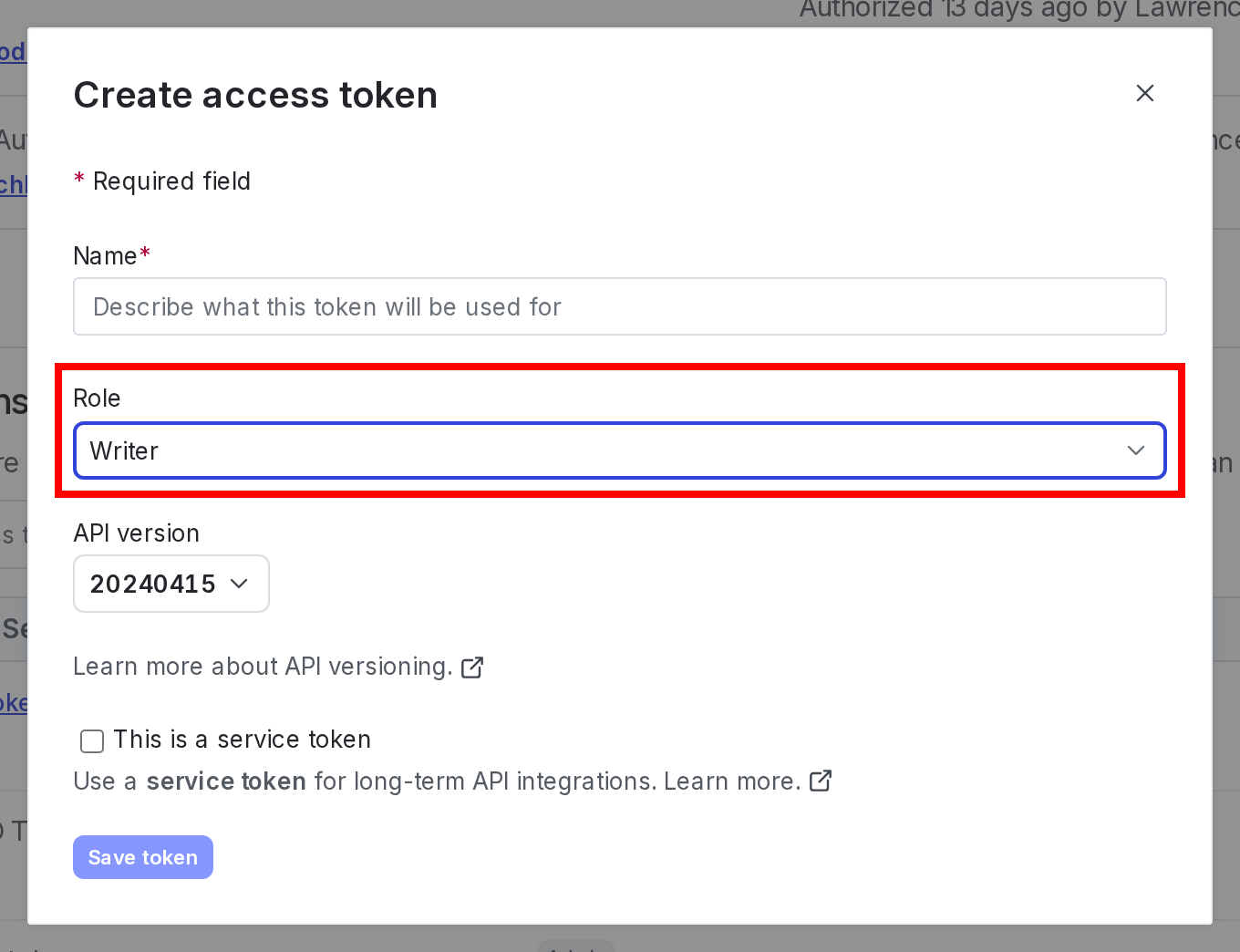 An access token with the Writer role called out.