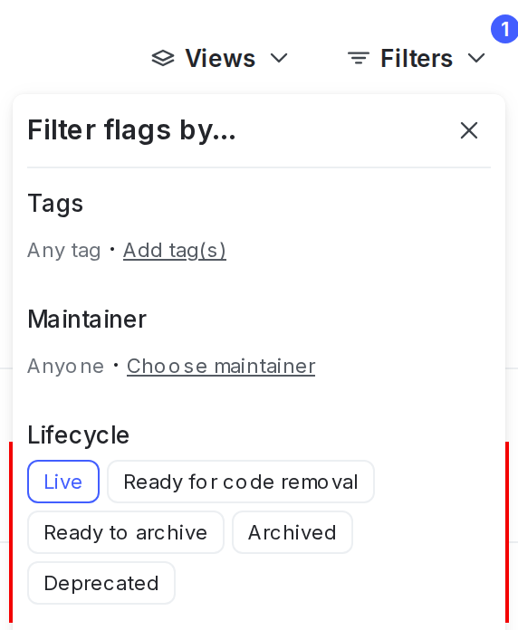 The Flags list Filters, with the lifecycle options shown.