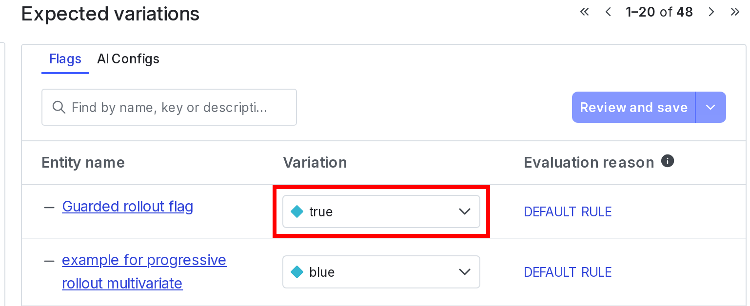 The "Expected flag variations" section with a variation called out.