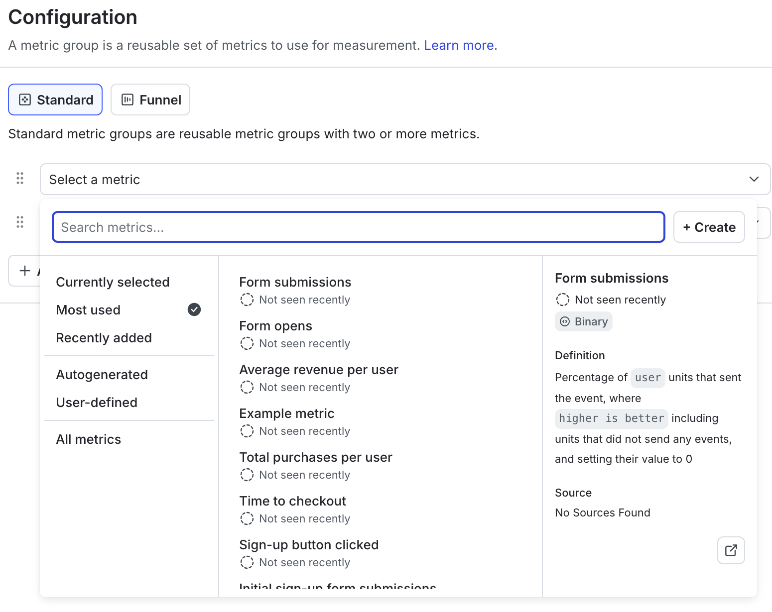 Most used project metrics displayed after clicking "Select a metric" on the Guardrail metrics page.