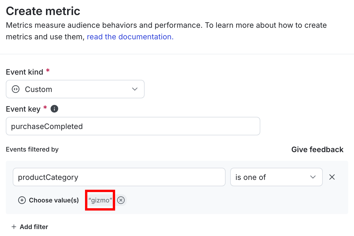 A second metric using the same event key, filtered to include only events where productCategory is gizmo.